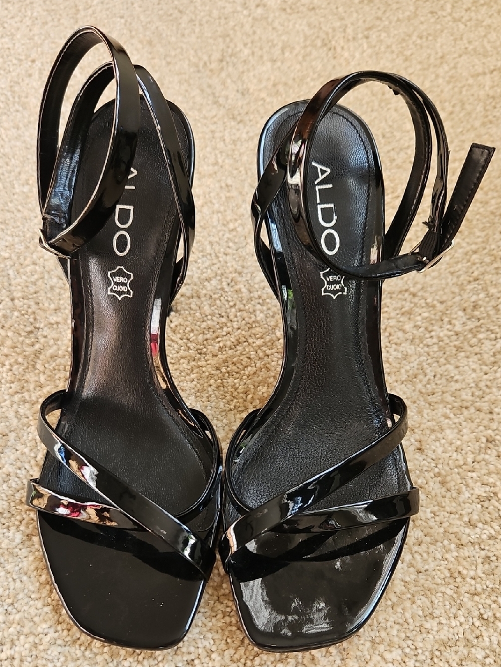 Aldo Size 38 Black Patent Strappy Heeled Sandals